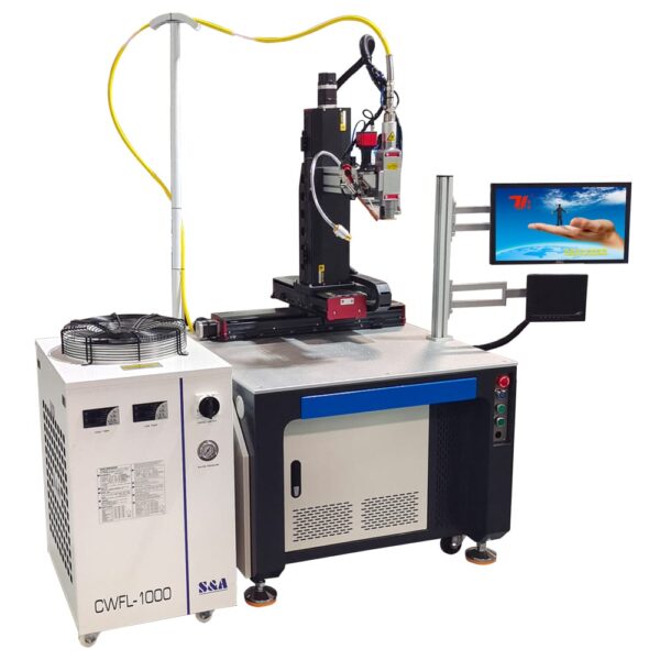 Blue and black automated laser welding machine featuring a robotic arm and CNC-controlled precision Blue and black automated laser welding machine featuring a robotic arm and CNC-controlled precision