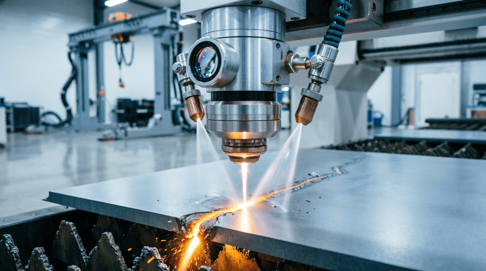 Close-up of laser cutting head during operation, focused laser beam piercing steel sheet, molten met