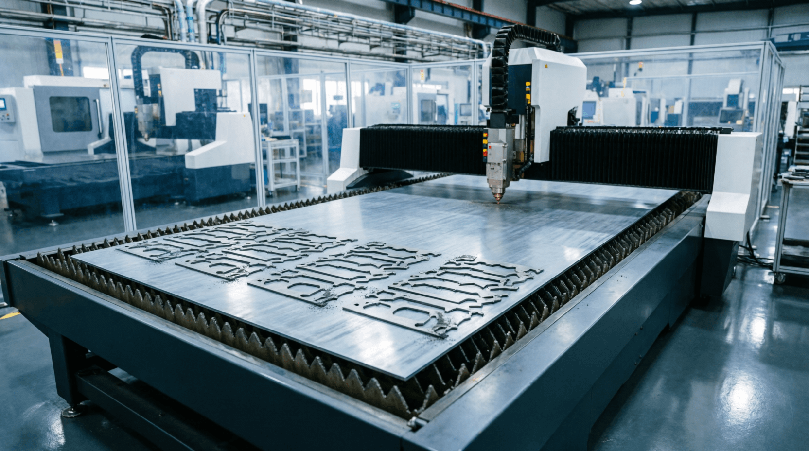 Completed laser-cut steel parts on a flatbed machine table, clean cut edges with minimal dross, nest