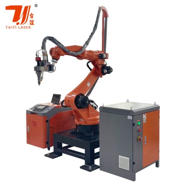Automated fiber laser welding machine with robotic arm.