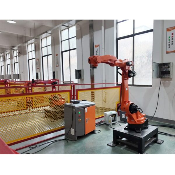 Orange robotic arm in an automated manufacturing setup-4 Orange robotic arm in an automated manufacturing setup-4