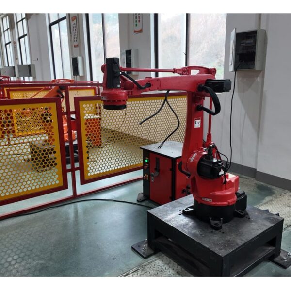 Red robotic arm CNC-controlled for precision manufacturing in metal fabrication Red robotic arm CNC-controlled for precision manufacturing in metal fabrication