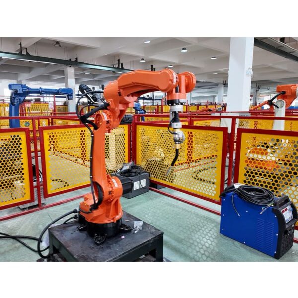 Orange robotic arm performing precision welding in an automated manufacturing setup Orange robotic arm performing precision welding in an automated manufacturing setup