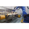 Blue robotic arm performing precision laser welding on metal components in an automated manufacturing setup