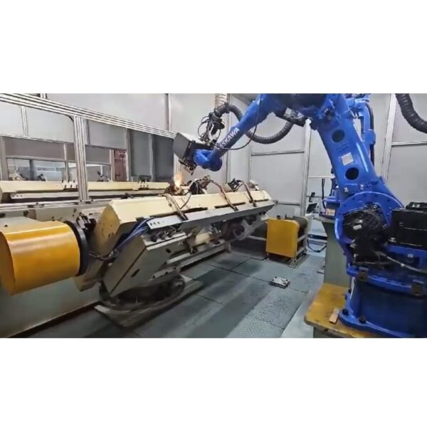 Blue robotic arm performing precision laser welding on metal components in an automated manufacturing setup