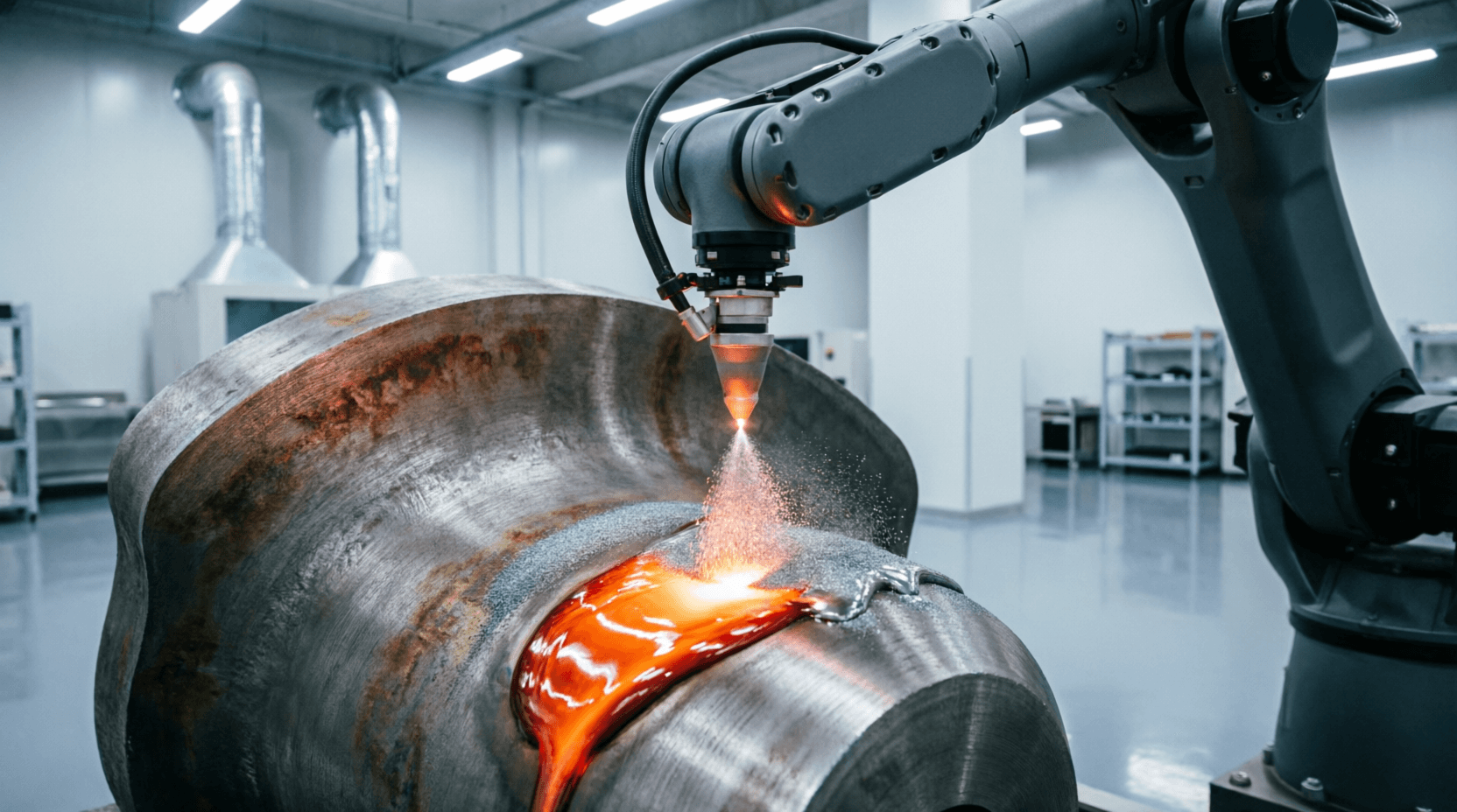 Laser cladding machine depositing metal powder onto industrial component