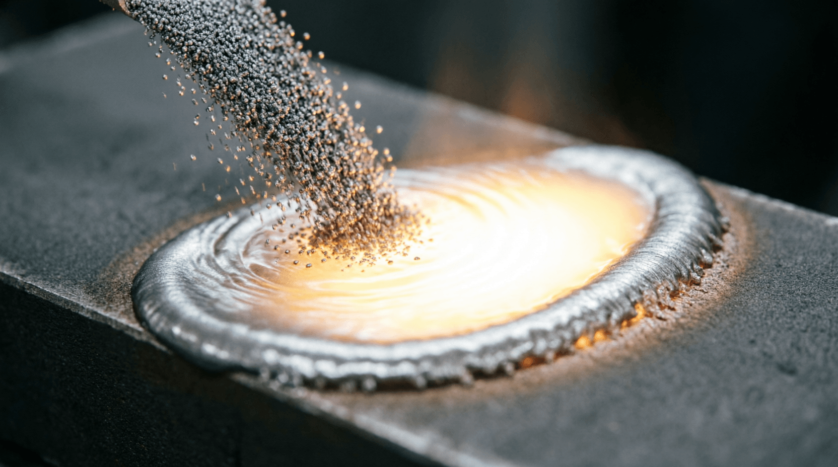 Close-up of laser cladding molten pool with powder injection and clad track