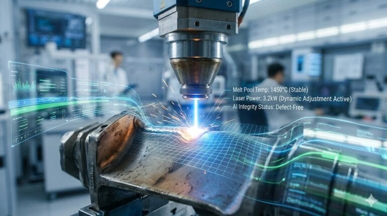 High-precision Ai Closed Loop Laser Cladding Guide system showing laser beam path and component integration.