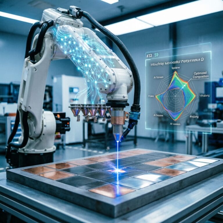 High-precision Ai Driven Material Synthesis Laser Cladding system showing laser beam path and component integration.