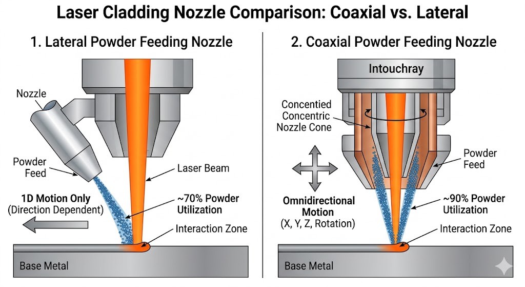laser cladding nozzle comparison:coaxial vs lateral