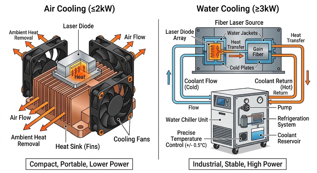 comparing air cooling and water cooling for high power fiber lasers