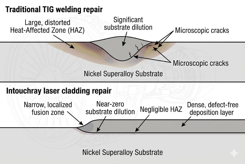 comparing traditional tig welding repair (top) against intouchray laser cladding repair
