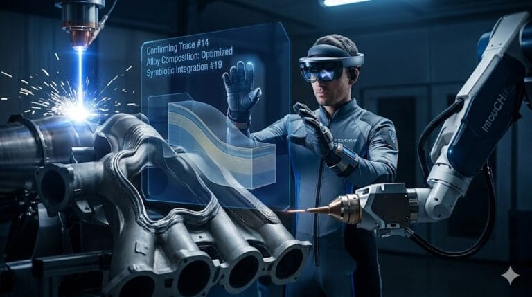 High-precision Future Vision Augmented Technician Symbiosis system showing laser beam path and component integration.