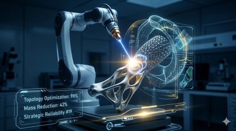 High-precision Generative Design Self Designing Parts system showing laser beam path and component integration.