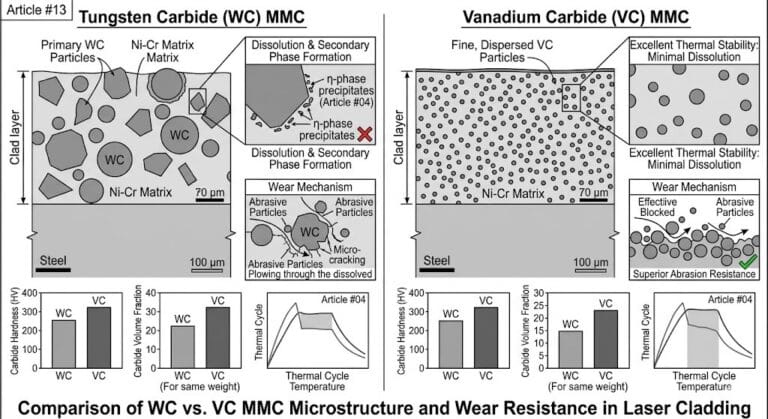 Comparison of Tungsten Carbide (WC) and Vanadium Carbide (VC) MMC microstructure and wear resistance in laser cladding