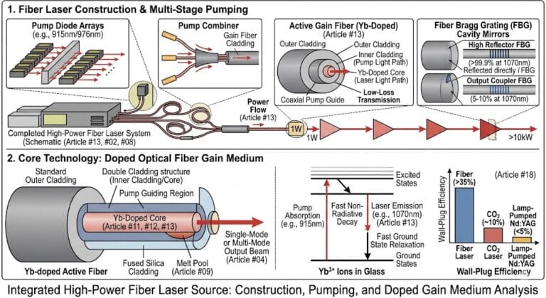 Integrated fiber laser construction and multi-stage pumping system for high-power industrial applications