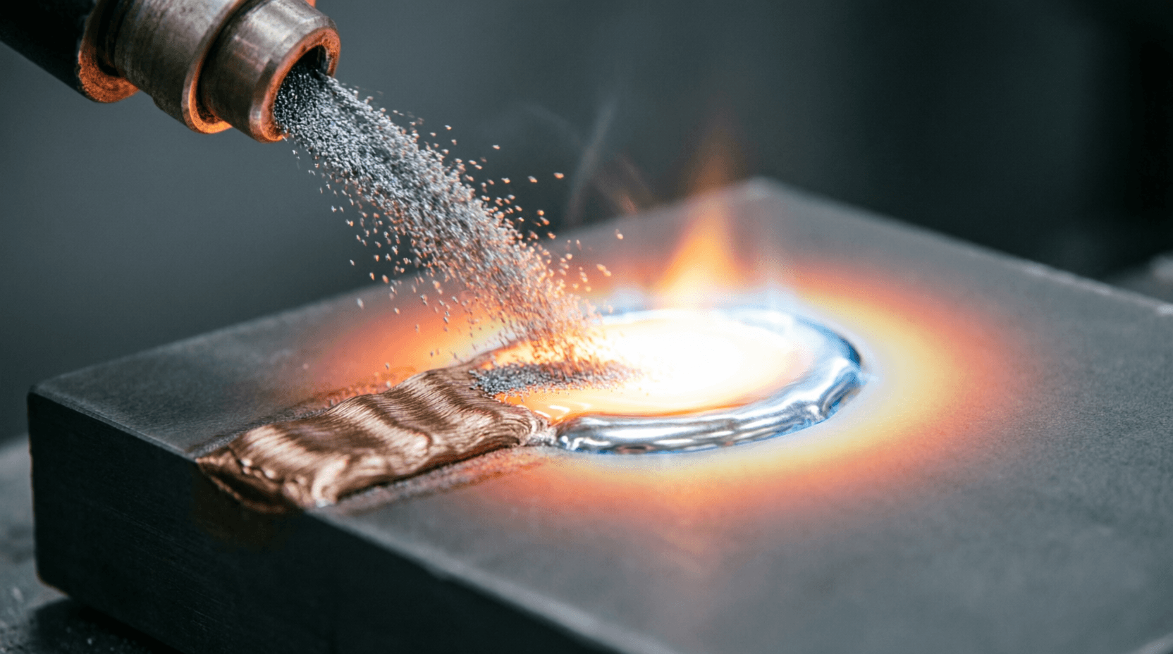 Close-up of laser cladding process showing molten pool, powder particles being injected into the mel