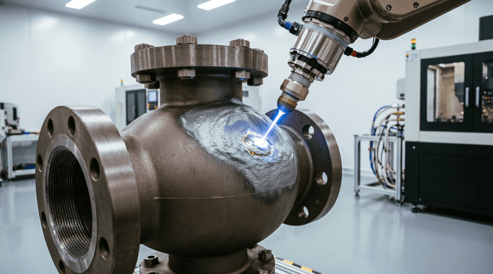 5-axis CNC laser cladding system applying a wear-resistant metallic coating to a large industrial va