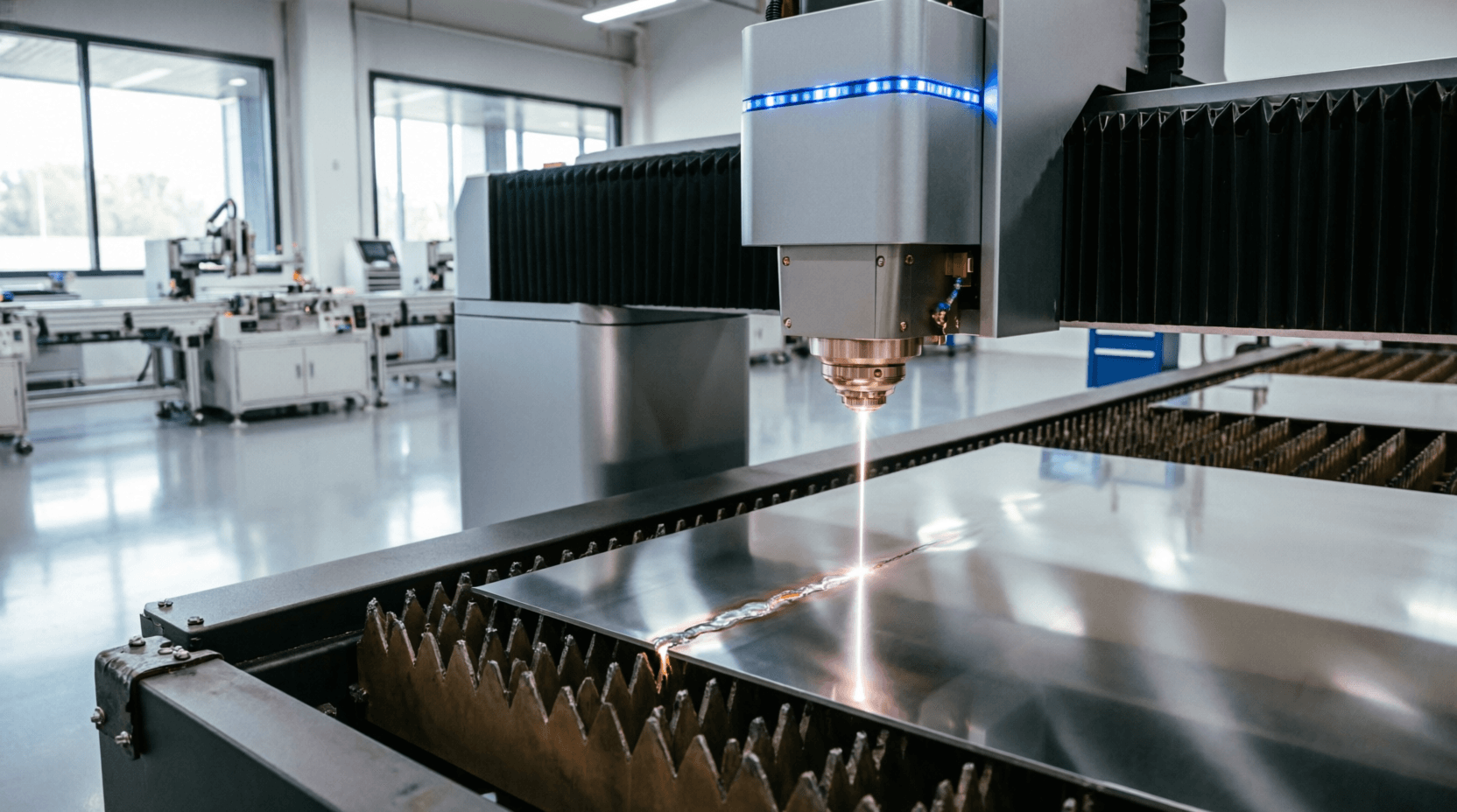 A high-tech fiber laser cutting machine processing stainless steel with zero visible sparks and a pr