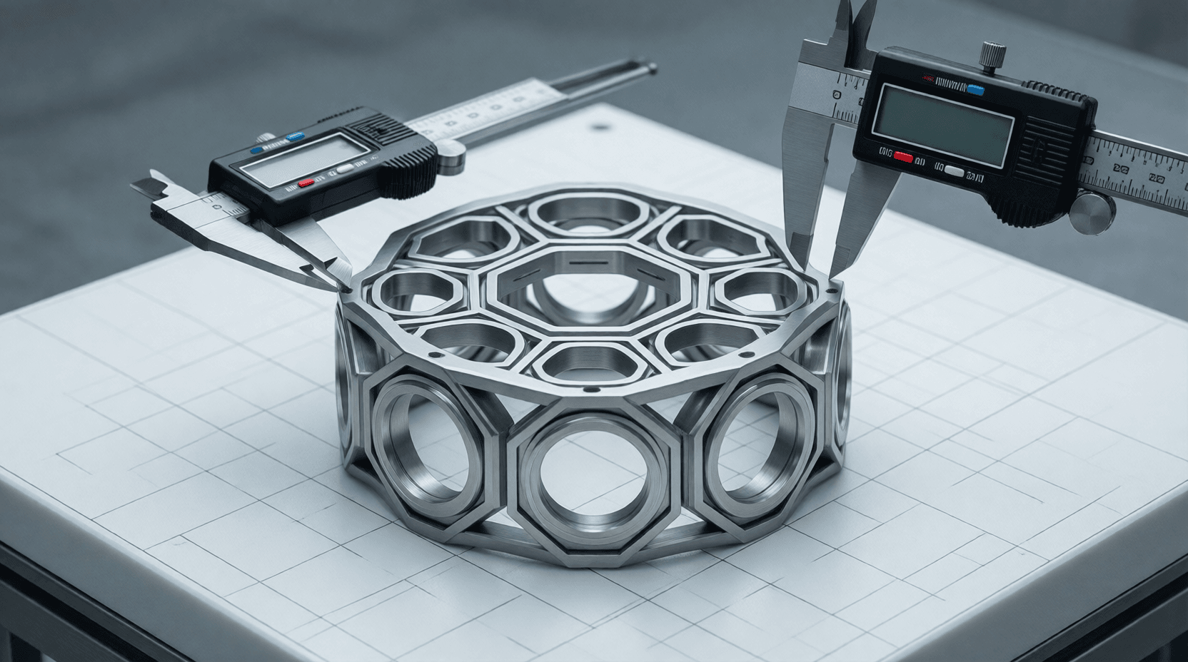 A pristine, distortion-free laser cut metal component resting on a calibrated inspection table with