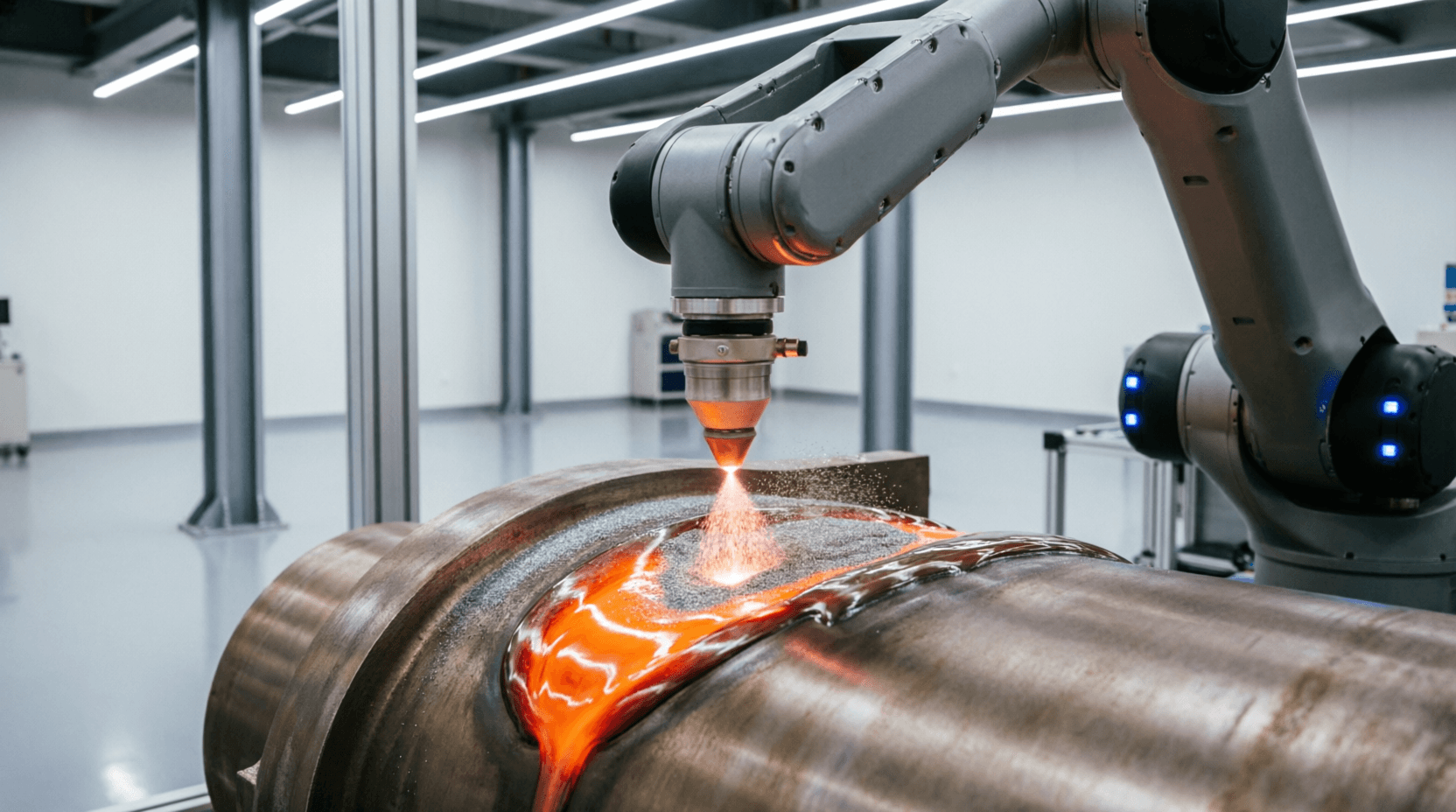 Laser cladding machine depositing metal powder onto a large industrial component, laser melt pool gl