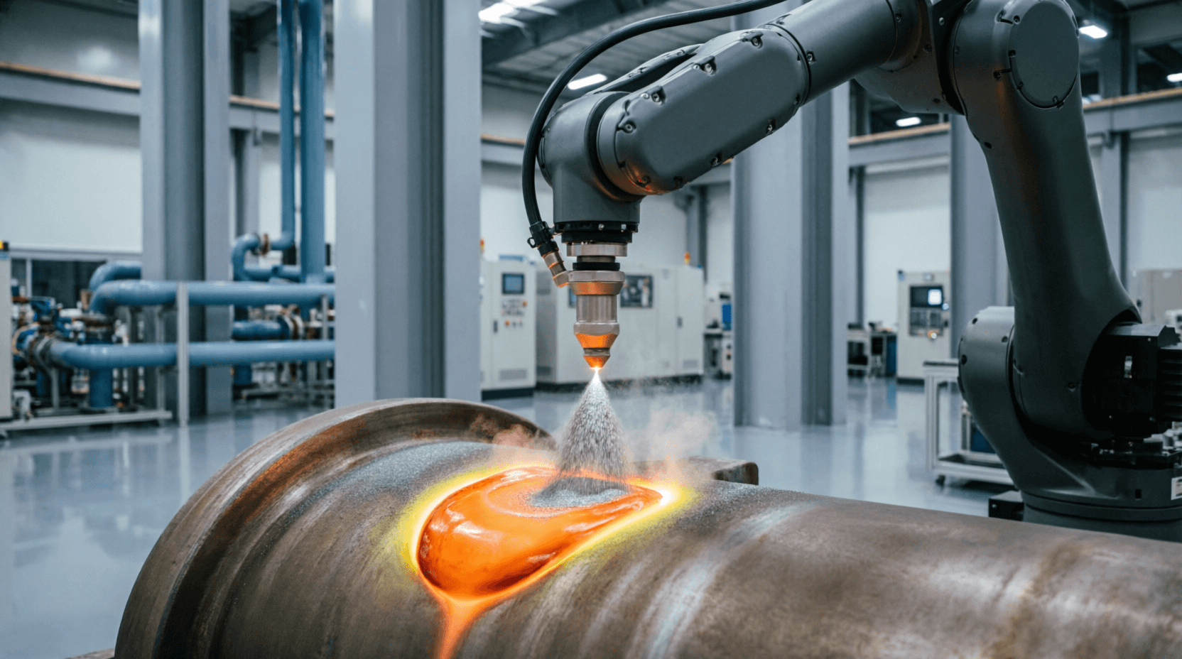 Laser cladding machine depositing metal powder onto industrial component