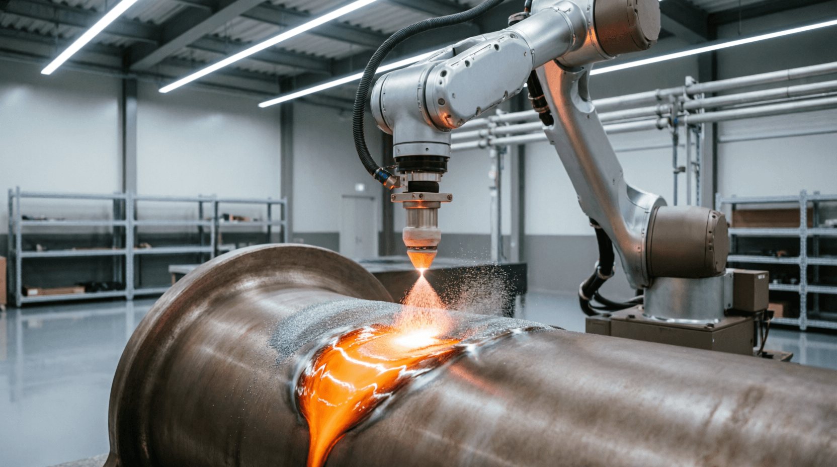 Laser cladding machine depositing metal powder onto industrial component