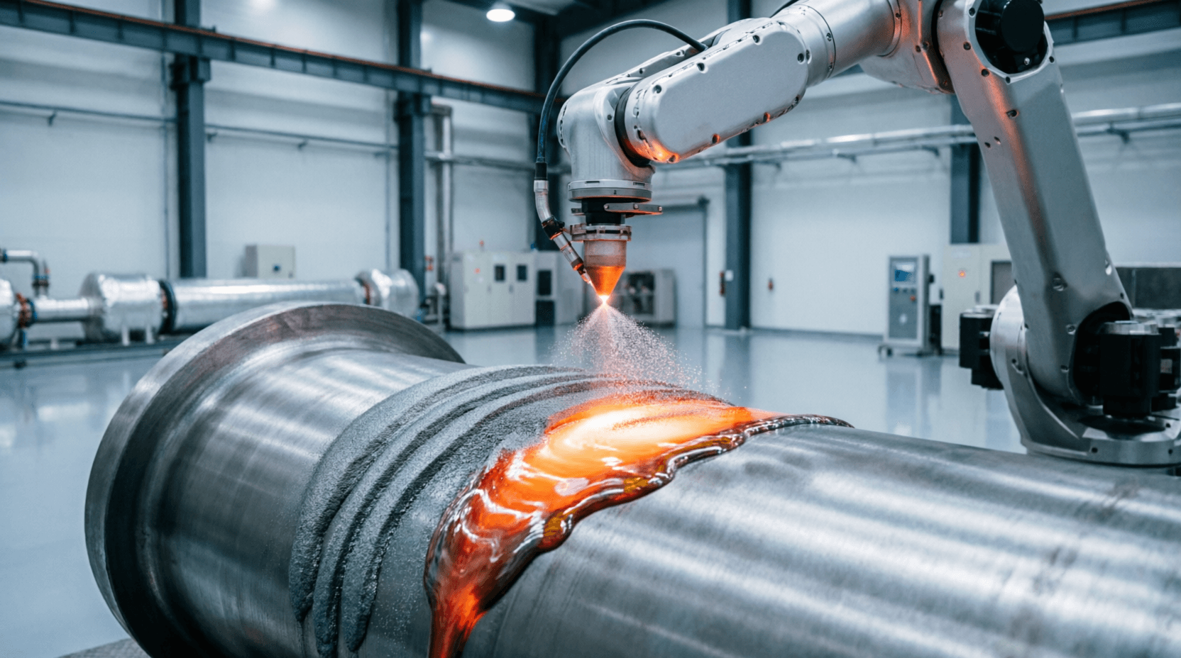Laser cladding machine depositing metal powder onto industrial component