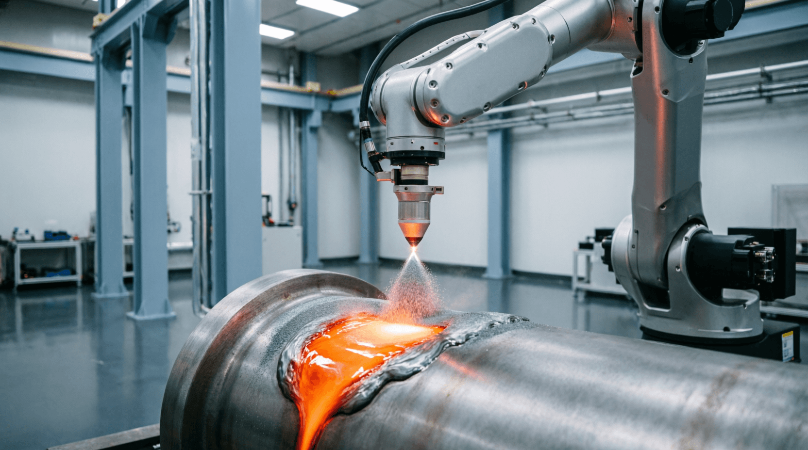 Laser cladding machine depositing metal powder onto industrial component