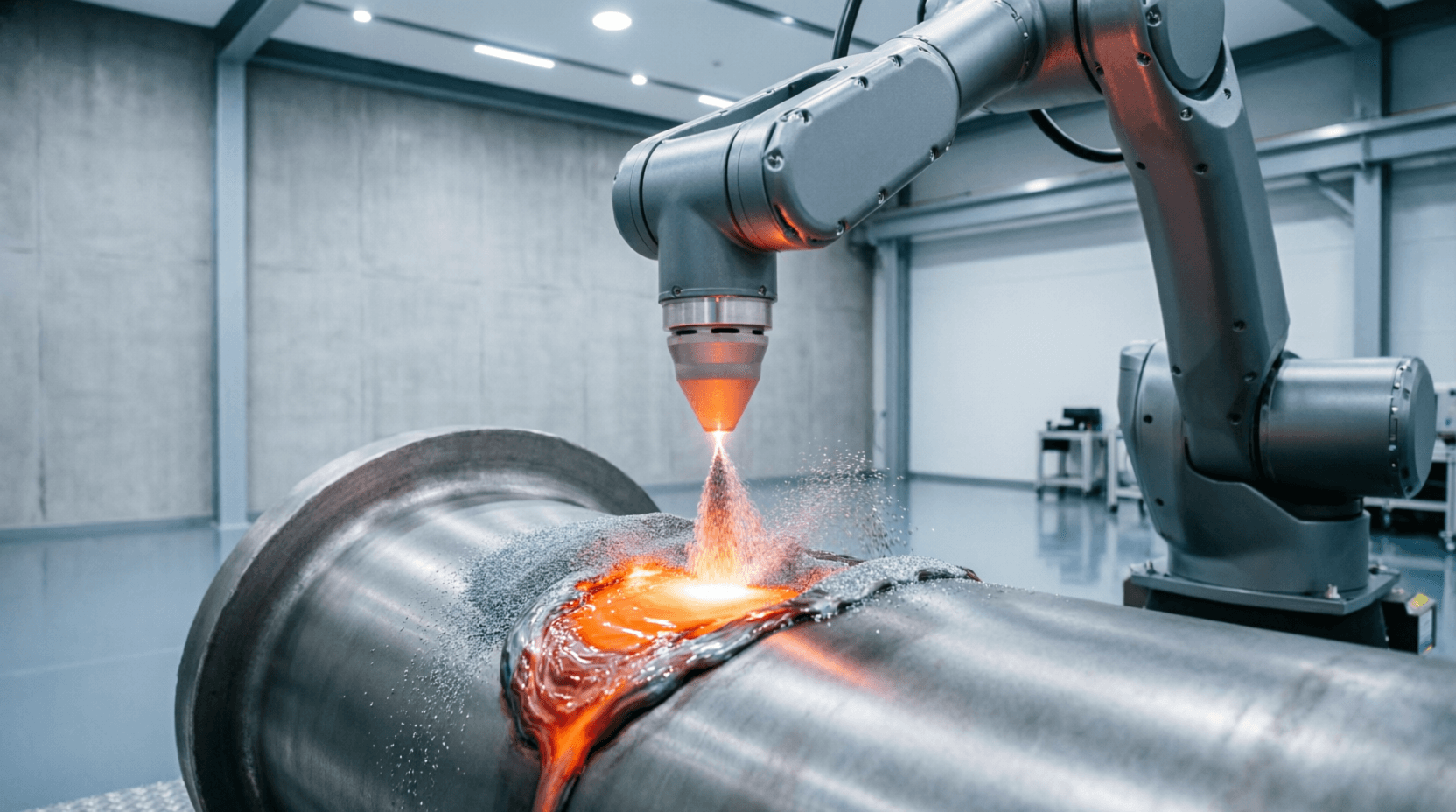 Laser cladding machine depositing metal powder onto industrial component