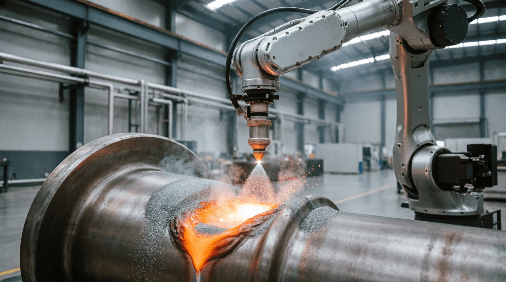 Laser cladding machine depositing metal powder onto a large industrial component, laser melt pool gl
