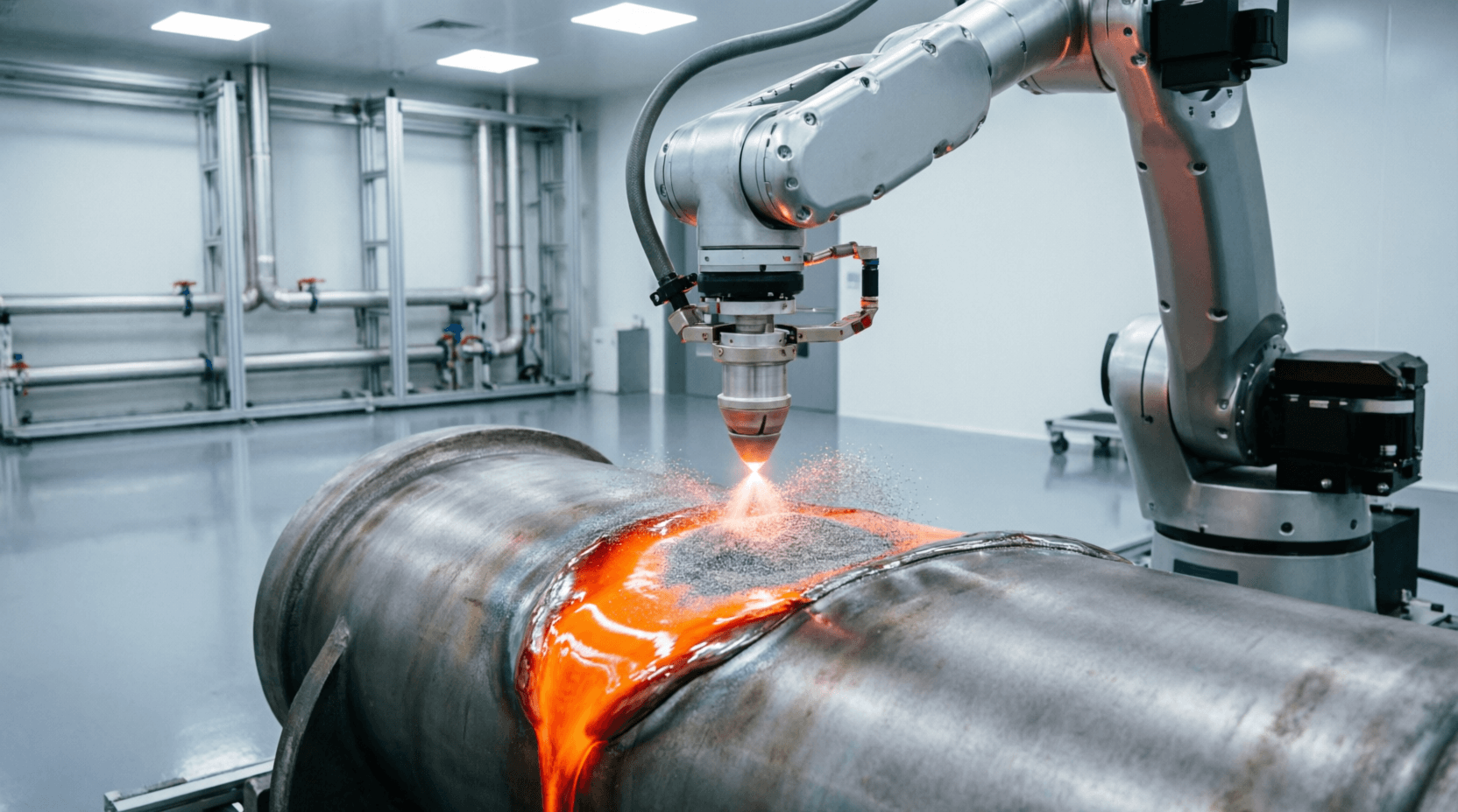Laser cladding machine depositing metal powder onto industrial component