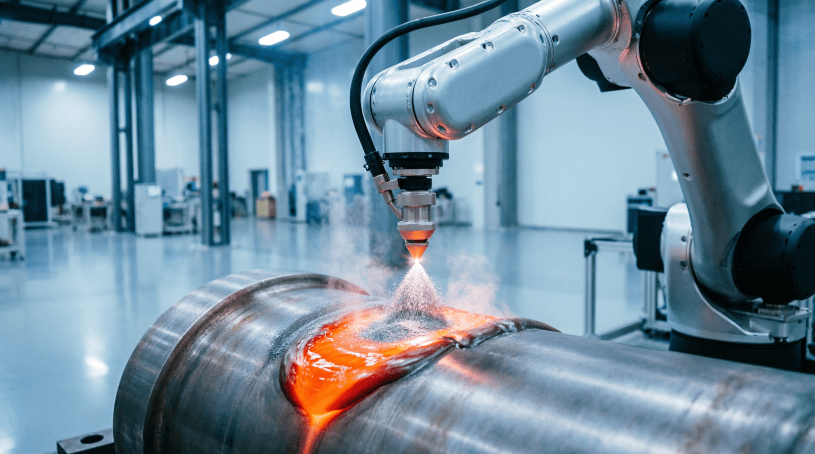 Laser cladding machine depositing metal powder onto industrial component