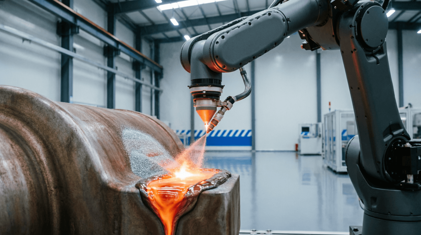 Laser cladding machine depositing metal powder onto industrial component