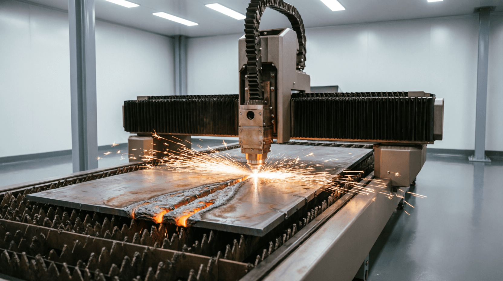 Industrial fiber laser cutting machine in a modern factory, high-power laser beam cutting through th