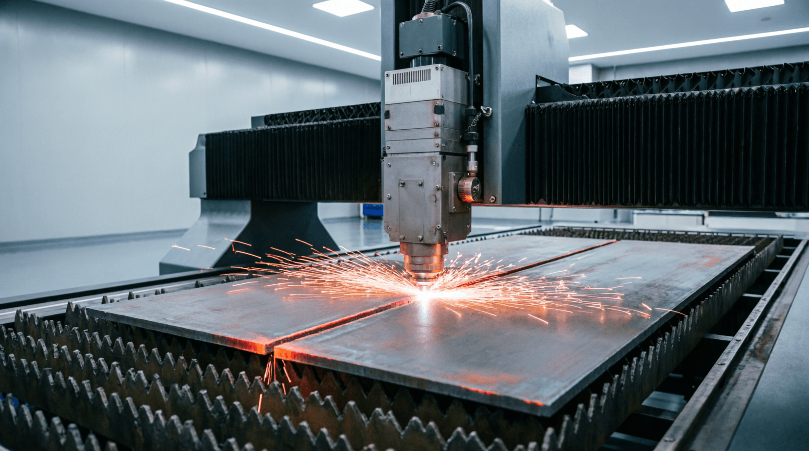 Industrial fiber laser cutting machine cutting steel plate on CNC flatbed