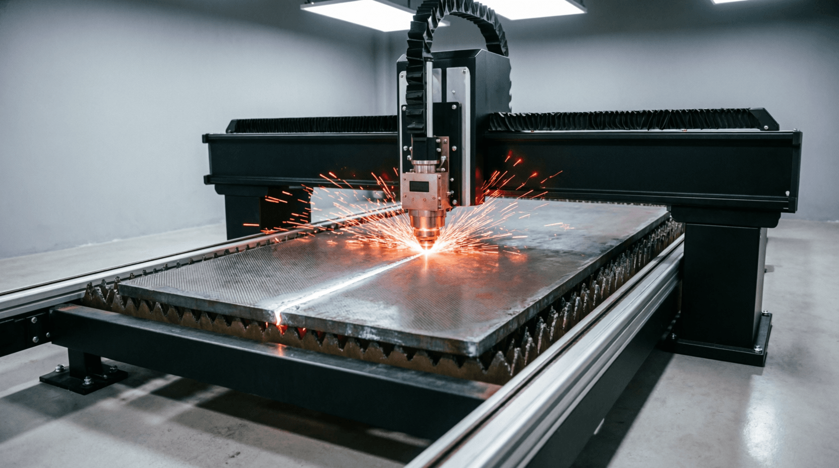 Industrial fiber laser cutting machine processing stainless steel sheet with precision beam delivery