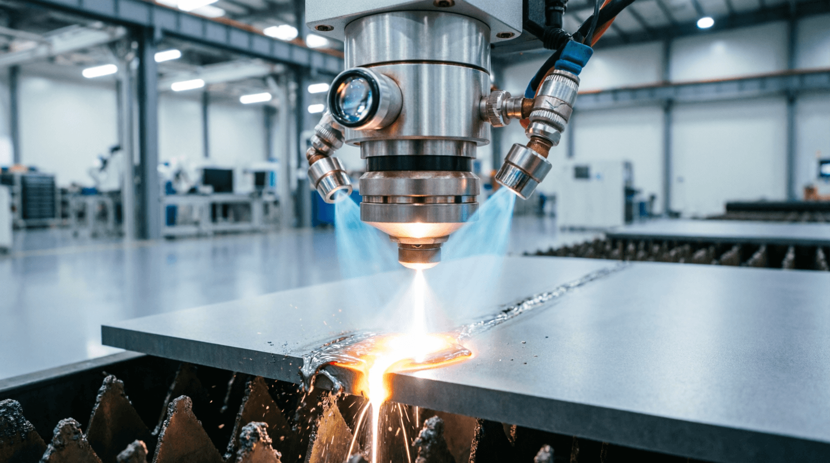 Close-up of laser cutting head during operation, focused laser beam piercing steel sheet, molten met