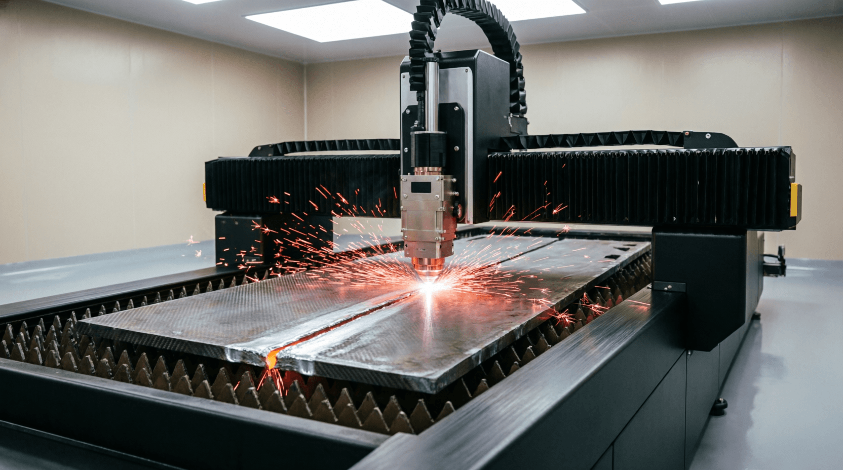 Industrial fiber laser cutting machine cutting steel plate on CNC flatbed