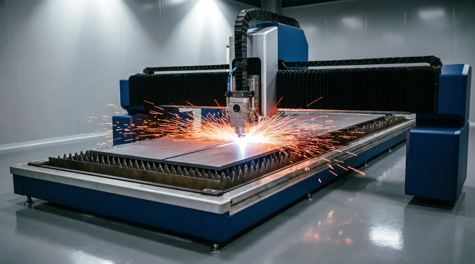 Industrial fiber laser cutting machine in a modern factory, high-power laser beam cutting through th