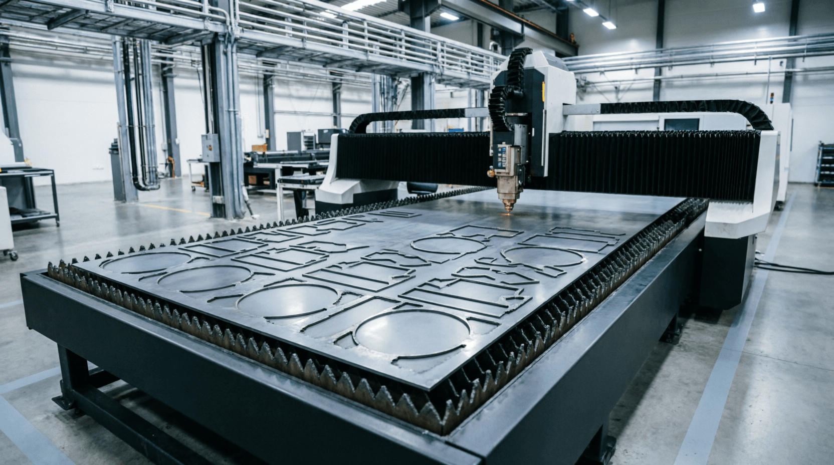 Completed laser-cut steel parts with clean edges on flatbed machine table