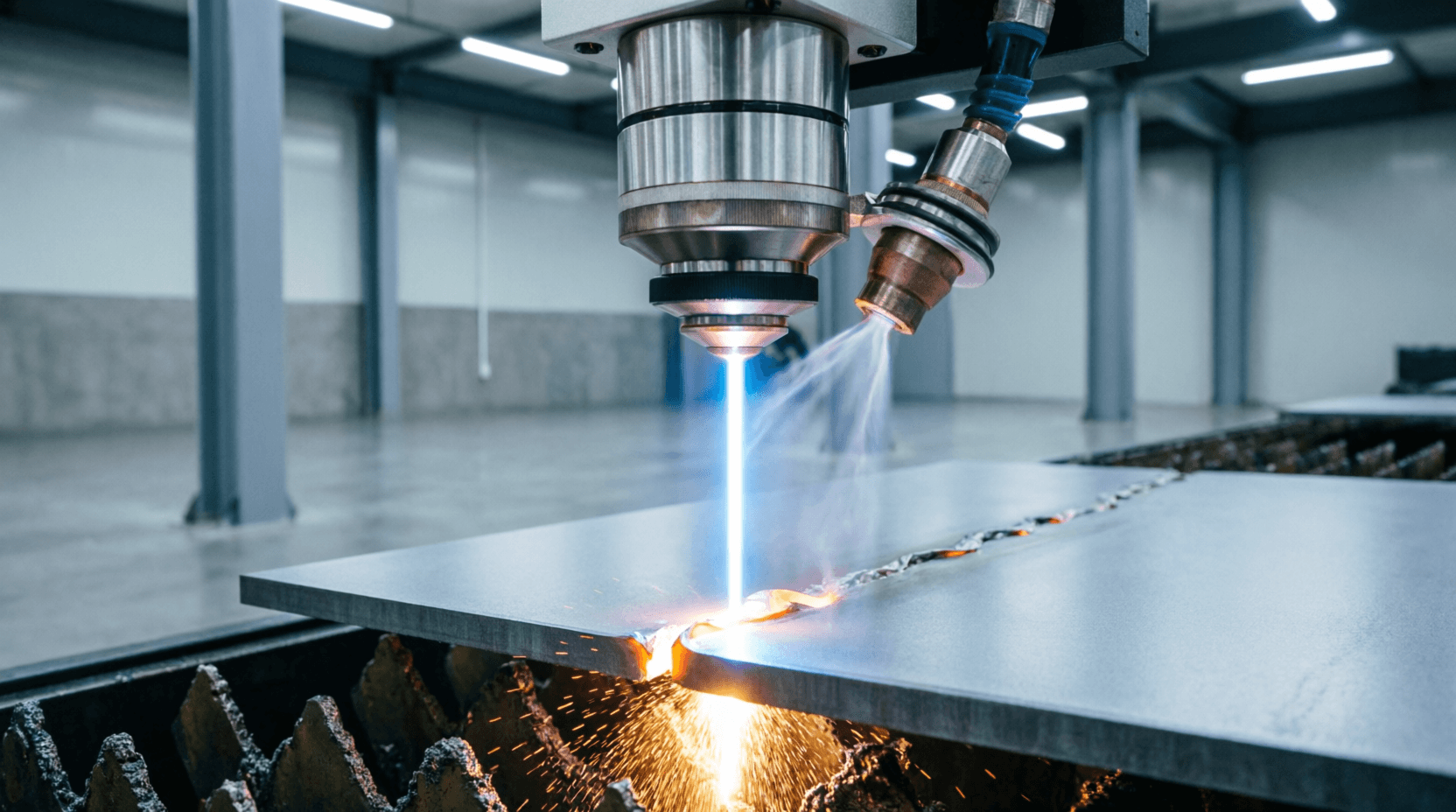 Close-up of laser cutting head during operation, focused laser beam piercing steel sheet, molten met