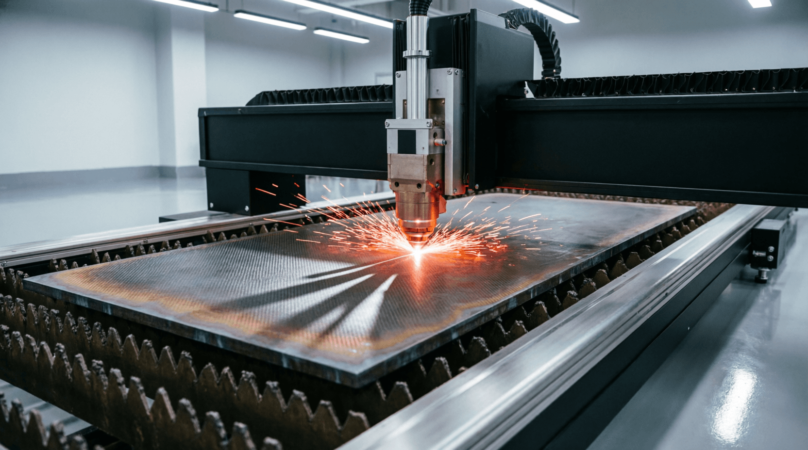 Industrial fiber laser cutting machine in a modern factory, high-power laser beam cutting through th