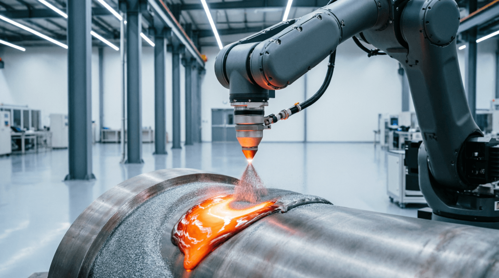 Laser cladding machine depositing metal powder onto industrial component