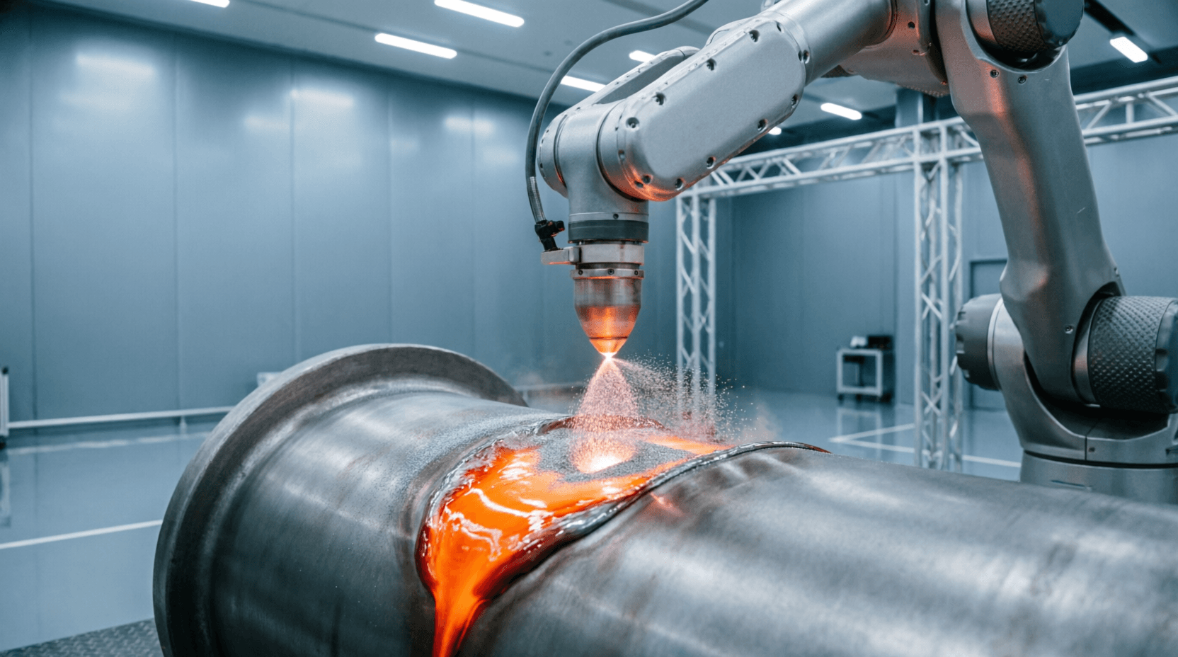 Laser cladding machine depositing metal powder onto industrial component