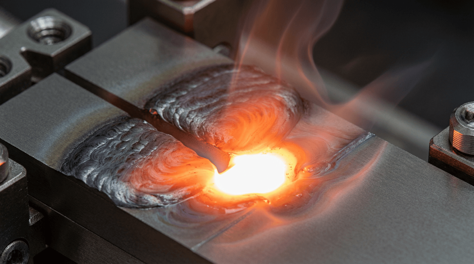 Close-up of laser keyhole weld pool with deep penetration and shielding gas