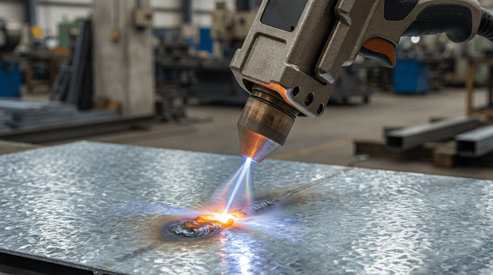 Handheld laser welding machine in operation on a factory floor, bright laser beam creating a weld po