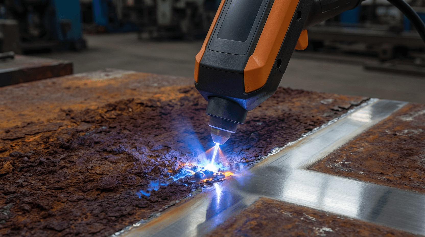 Portable laser cleaning machine removing rust from steel surface