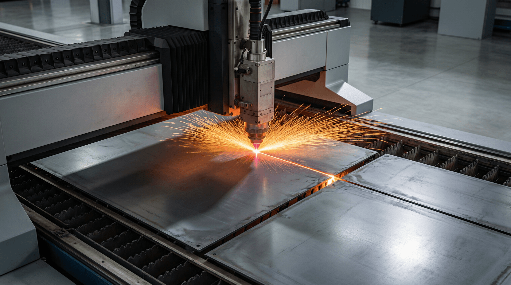 Industrial fiber laser cutting machine in a modern factory, high-power laser beam cutting through th