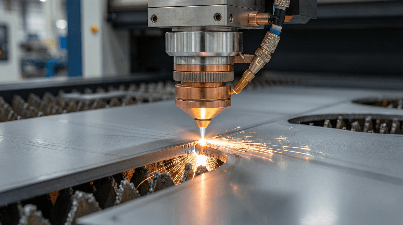 Close-up of laser cutting head during operation, focused laser beam piercing steel sheet, molten met